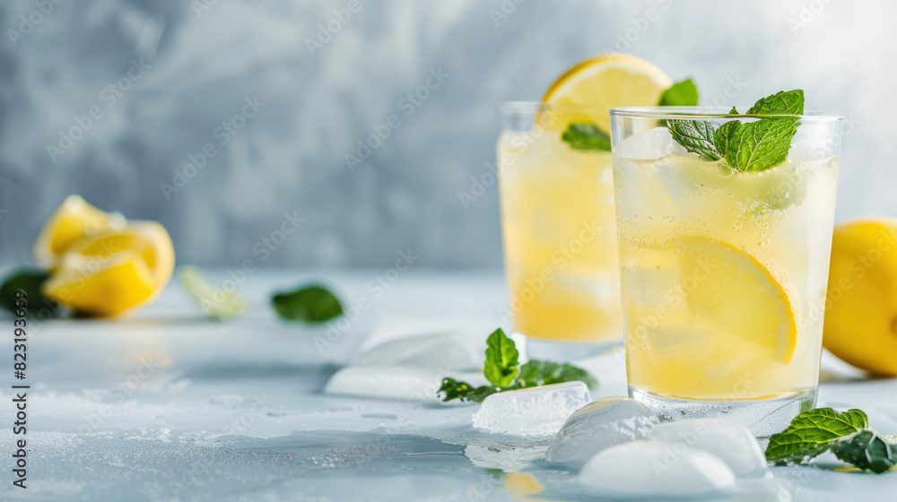 Refreshing summer cocktails with lemon vodka, garnished with lemon slices and mint leaves, served chilled on a white table. Refreshing summer cocktails with lemon vodka, garnished with lemon slices and mint leaves, served chilled on a white table.