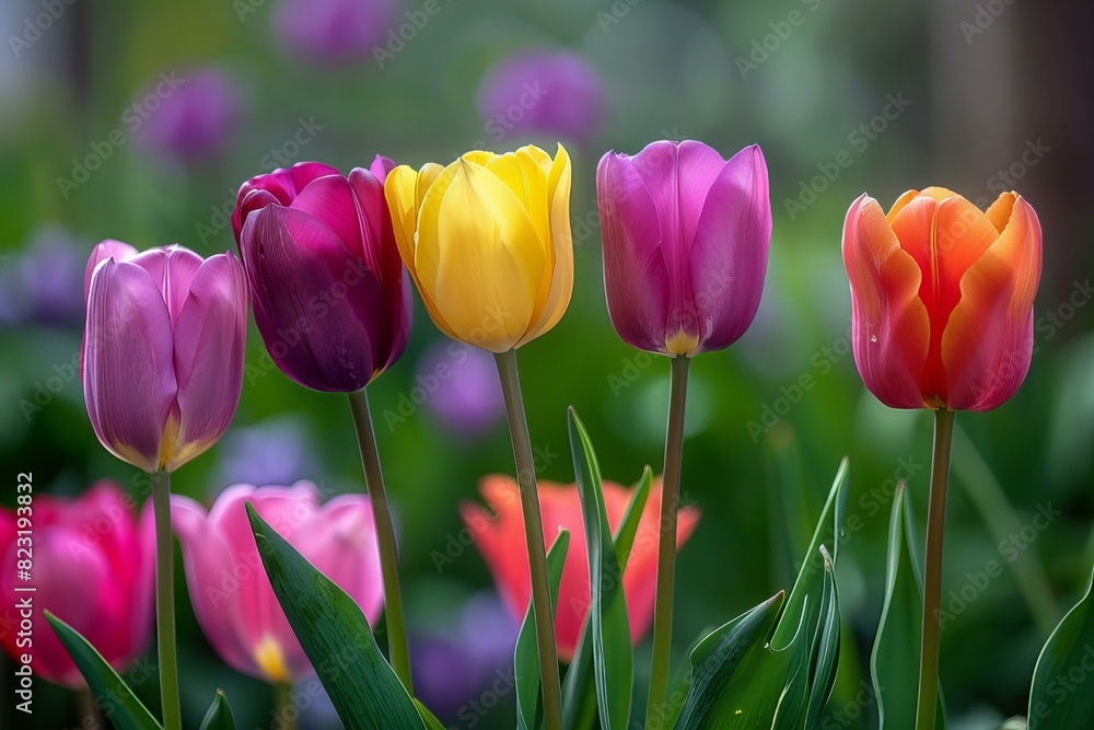 Colorful tulips in garden with blurred background