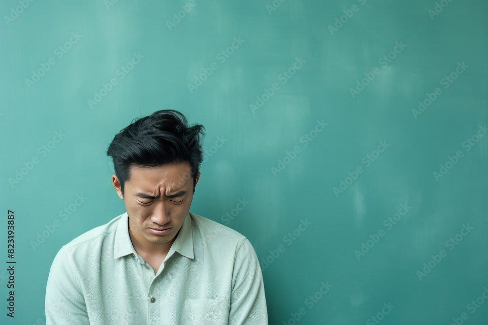 Mint background sad asian man realistic person portrait of young teenage beautiful bad mood expression boy Isolated on Background depression anxiety