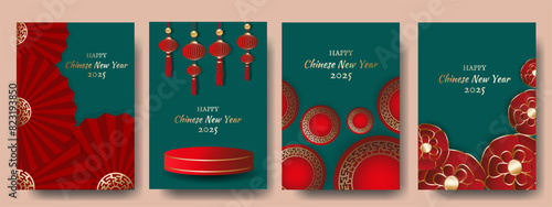 Asian New Year 2025 Poster, Set of Cards, Posters for Chinese New Year of the Snake with 3D Realistic Elements, Greeting Cards, Web Poster, Flyers, Brochures, Greeting Cards, Group Colorful Covers