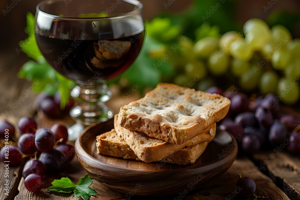 Plate of grapes, bread, and wine glass