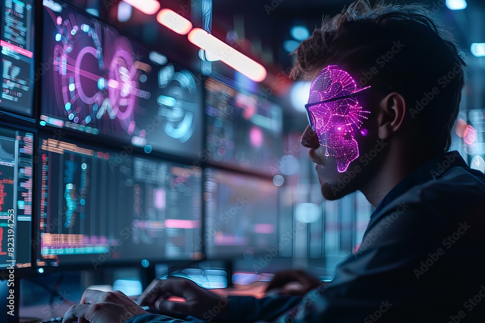 Man with a glowing head and glasses working on a computer Man with a glowing head and glasses working on a computer