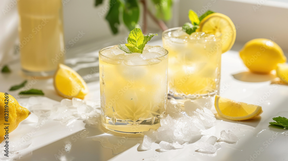 Refreshing summer cocktails with lemon vodka, garnished with lemon slices and mint leaves, served chilled on a white table. Refreshing summer cocktails with lemon vodka, garnished with lemon slices and mint leaves, served chilled on a white table.