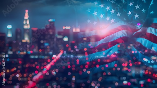 USA flag with night city background