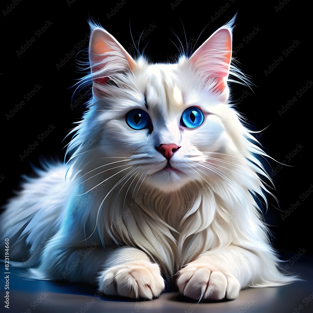 white long haired cat with blue eyes lying down
