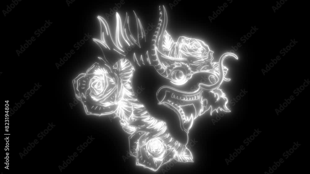 white silhouette of Japanese dragon with rose flower design isolated on black background white silhouette of Japanese dragon with rose flower design isolated on black background