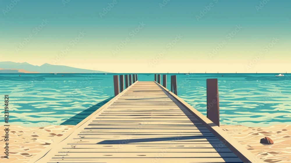 A Beach With A Long Wooden Pier Stretching Out Into The Ocean, Cartoon ,Flat color