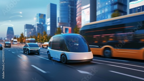 A fleet of sleek, autonomous cars travels along a city road, integrating seamlessly with traditional and public transportation. photo
