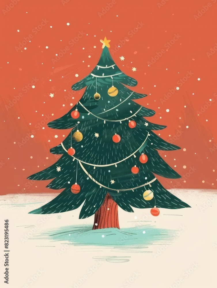 Illustrated Christmas tree decorated with ornaments and lights in a snowy landscape with red background and falling snow.