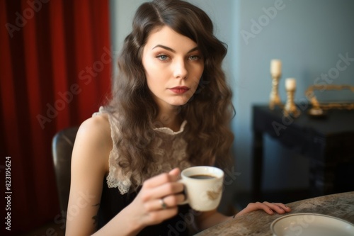 portrait of young woman poring coffee into mug on table at home