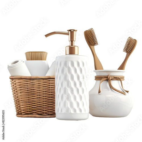 Set of Bathroom Accessories: Soap Dispenser, Toothbrush Holder, Isolated on a Transparent Background, Graphic Resource