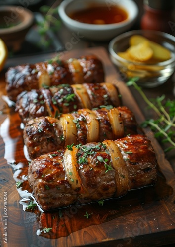 Rouladen - Beef rolls filled with bacon, onions, and pickles, served with gravy. 
