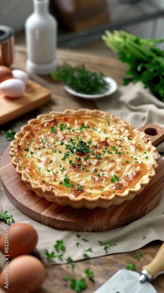 Rustic homemade quiche on a wooden board, surrounded by fresh ingredients like eggs, herbs, and vegetables in a cozy kitchen setting. Rustic homemade quiche on a wooden board, surrounded by fresh ingredients like eggs, herbs, and vegetables in a cozy kitchen setting.