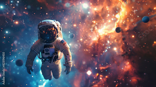 Dreamy cosmonaut on a spacewalk, surrounded by stars and planets