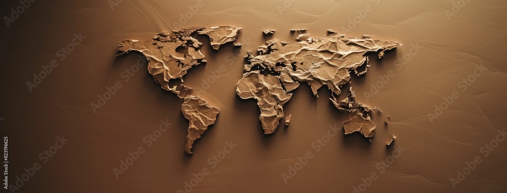 Textured Relief World Map on Brown Background Textured Relief World Map on Brown Background