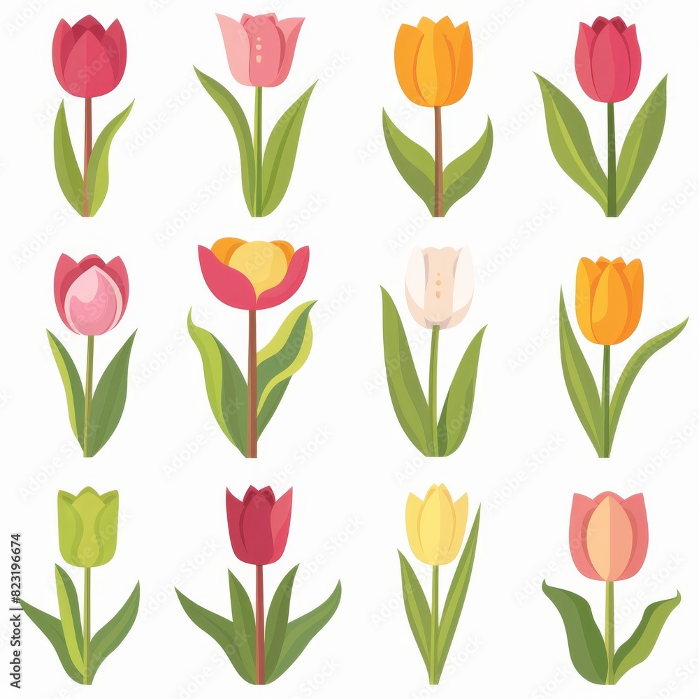 Obraz premium Tulip Flower Icon Set, Garden Tulip Flower Flat Design, Abstract Tulip Flower Symbol, Simple Flowers