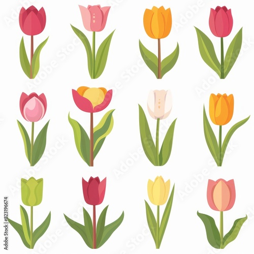 Tulip Flower Icon Set, Garden Tulip Flower Flat Design, Abstract Tulip Flower Symbol, Simple Flowers