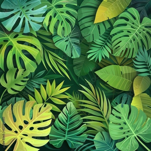 Vibrant green tropical leaves pattern, featuring various shapes and sizes, creating a lush, natural and exotic jungle-like texture.
