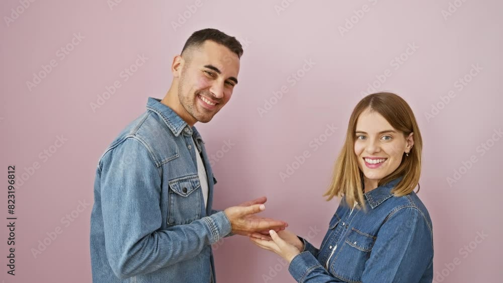 Excited, beautiful couple in denim shirts presenting ad, pointing aside with open palms. showing copy space over pink isolated background, all smiles and happy! Excited, beautiful couple in denim shirts presenting ad, pointing aside with open palms. showing copy space over pink isolated background, all smiles and happy!