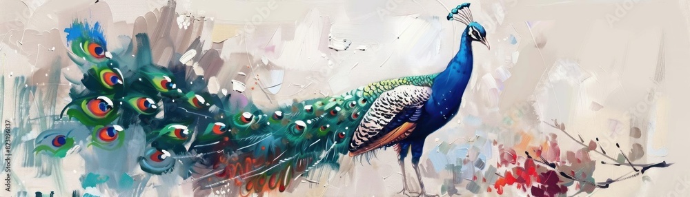 Vibrant watercolor painting of a majestic peacock showcasing its colorful feathers against a light abstract background.