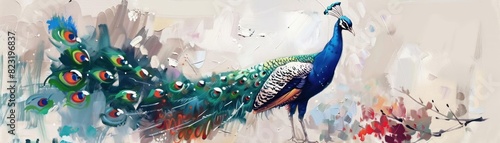 Vibrant watercolor painting of a majestic peacock showcasing its colorful feathers against a light abstract background.