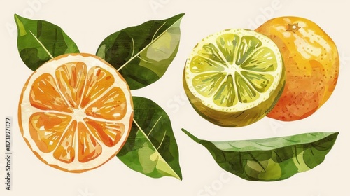 Watercolor illustration of citrus fruits with green leaves, showcasing vibrant colors and artistic detail, perfect for culinary and botanical themes.