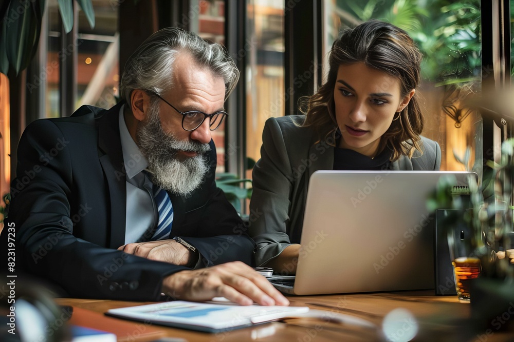 Two people sitting at a table looking at a laptop Two people sitting at a table looking at a laptop