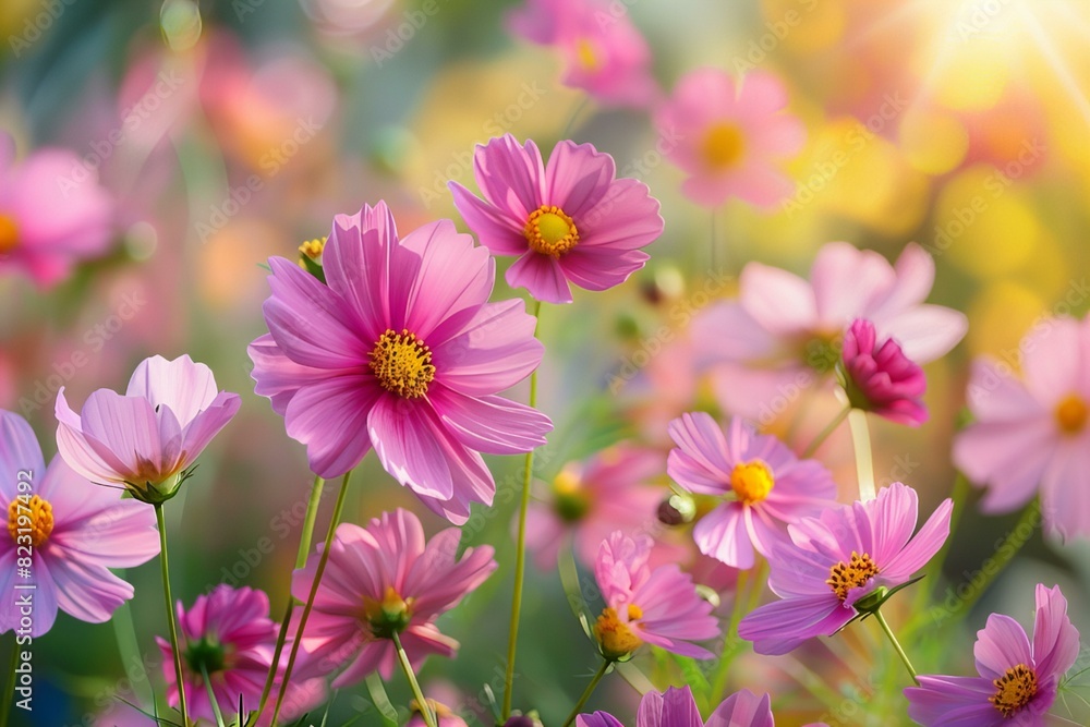Pink flowers bloom field Pink flowers bloom field