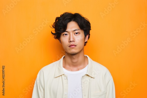 Peach background sad asian man realistic person portrait of young teenage beautiful bad mood expression boy Isolated on Background depression anxiety fear burn out