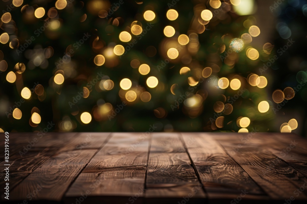 Wood Table on Blurred Christmas Tree Background, Festive Mockup, Dark Wood Table Top, Generative AI Illustration Wood Table on Blurred Christmas Tree Background, Festive Mockup, Dark Wood Table Top, Generative AI Illustration