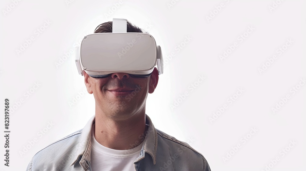 A man joyfully donning virtual reality glasses in a blank white space. Generative AI A man joyfully donning virtual reality glasses in a blank white space. Generative AI