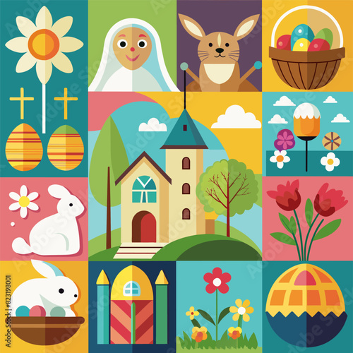 Easter art depicting the holiday. rabbit, eggs, church, flowers, nun
