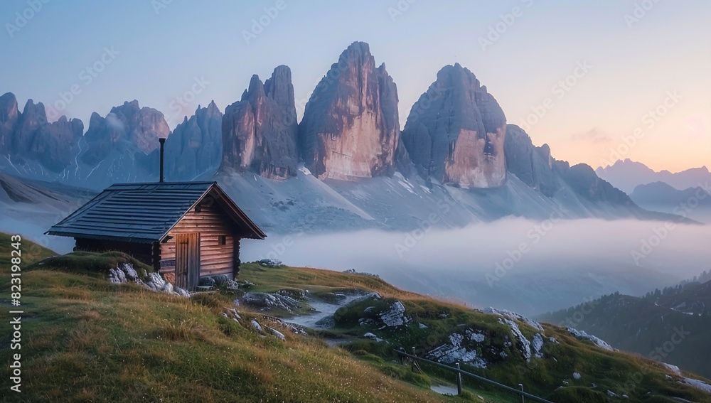 Photo of small wooden cabin on the grassy hill with beautiful view to mountains and foggy valley at sunrise Photo of small wooden cabin on the grassy hill with beautiful view to mountains and foggy valley at sunrise