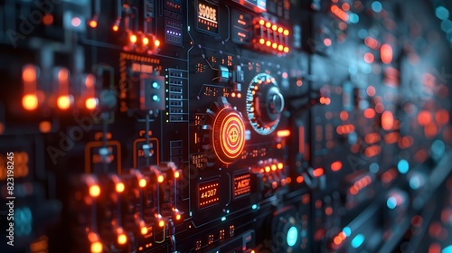 Advanced Circuit Board,Detailed view of an advanced circuit board with red and blue LED lights, showcasing modern electronic technology and intricate design.