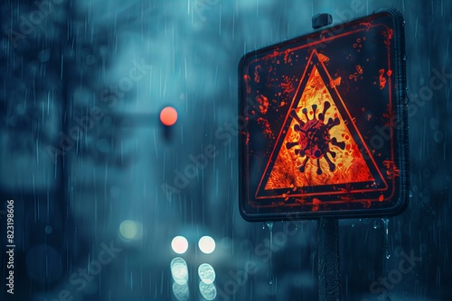 A red warning sign on a pole in the rain photo
