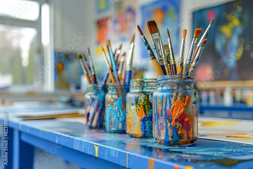 Paint brushes in jar on table