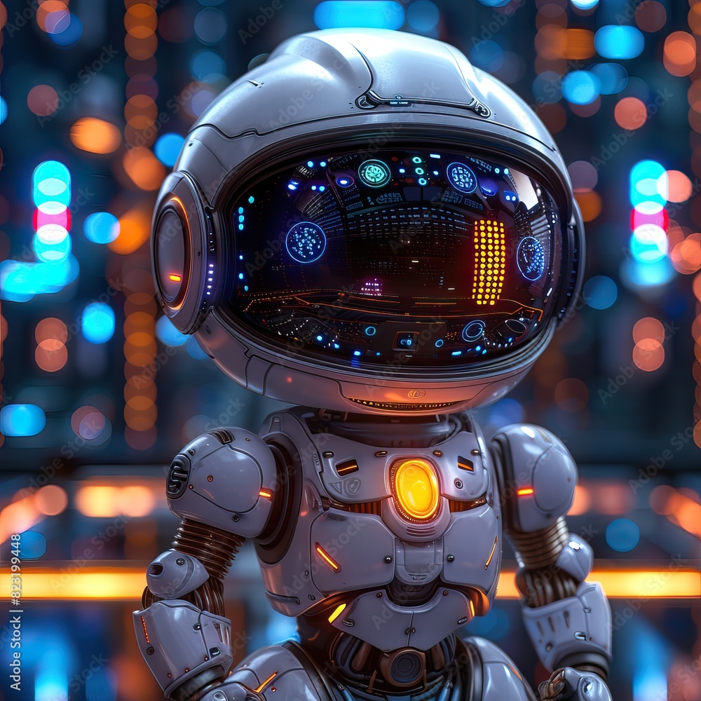 Cute robot working at computer. Futuristic worker. Humanoid call center. Support job and technologies. Futuristic robot with artificial intelligence or AI. High quality AI generated image