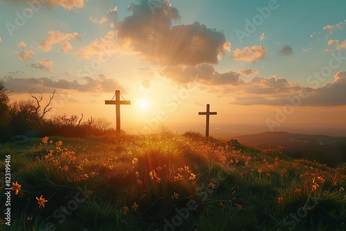 Two crosses on a hill with a sunset in the background