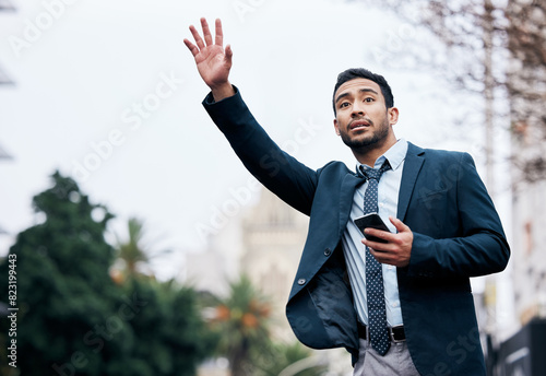 Quadro em tela Hand gesture, phone and taxi with business man on street in city for commute or transportation
