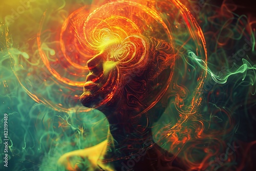 The image is a depiction of a human head in profile. The head is surrounded by a colorful, swirling vortex.
