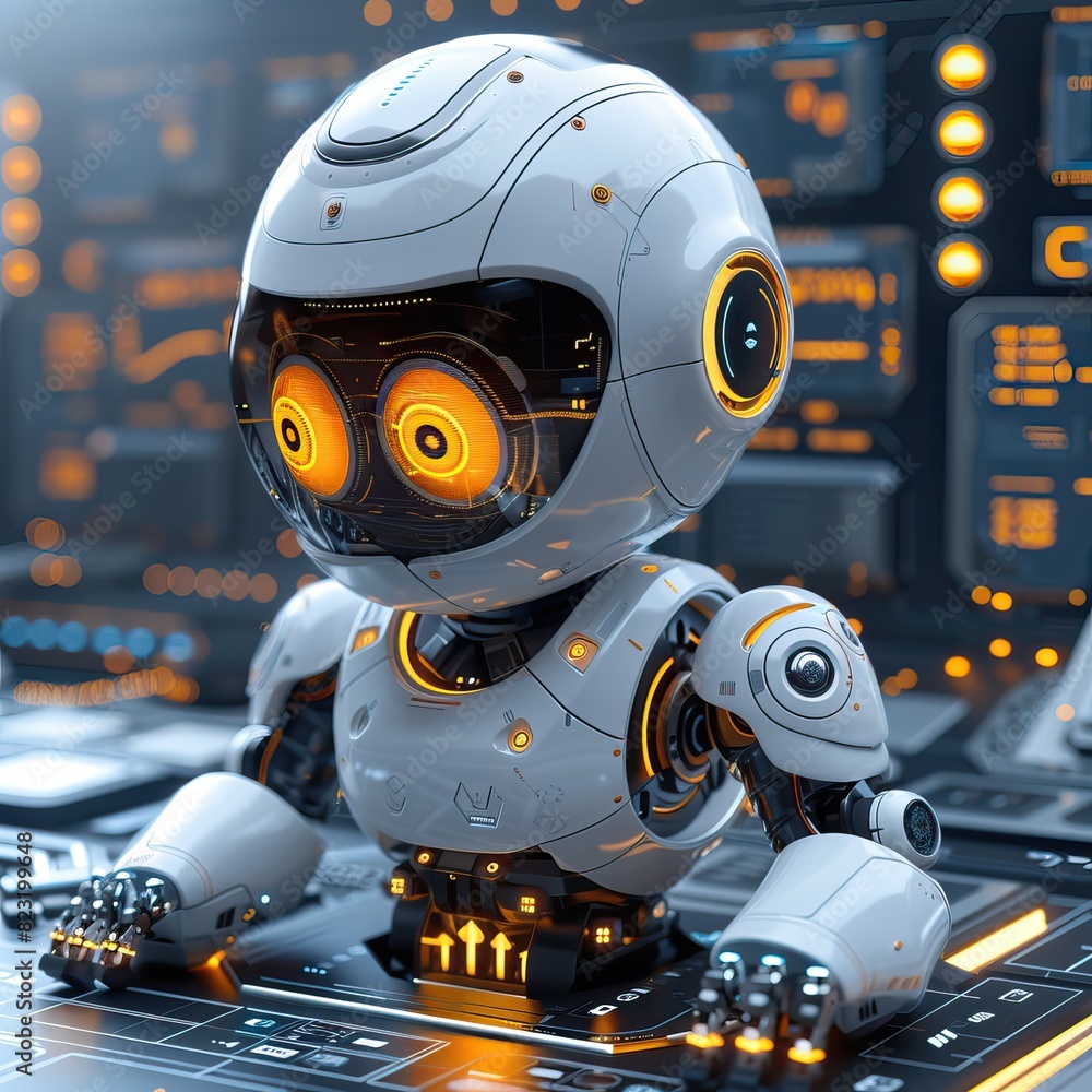 Cute robot working at computer. Futuristic worker. Humanoid call center. Support job and technologies. Futuristic robot with artificial intelligence or AI. High quality AI generated image Cute robot working at computer. Futuristic worker. Humanoid call center. Support job and technologies. Futuristic robot with artificial intelligence or AI. High quality AI generated image