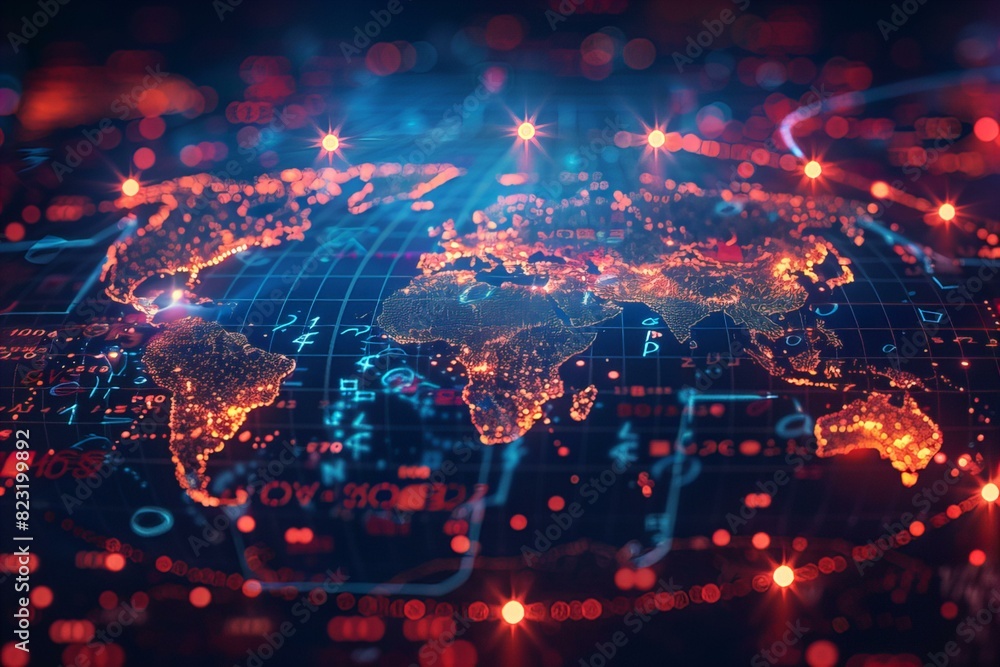 Fototapeta premium World map lights glow closeup countries geography travel