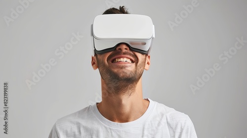 A happy man wearing virtual reality glasses  isolated on a white background  experiencing a world of endless possibilities. Generative AI