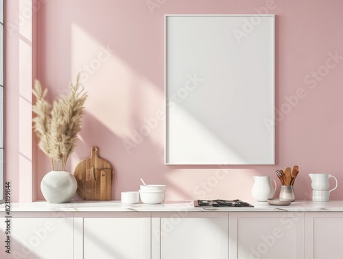 A kitchen with pink walls and white cabinets is shown in this picture. The kitchen are neatly arranged along the walls, providing ample storage space. Interior mockup. Mock up picture in home interior
