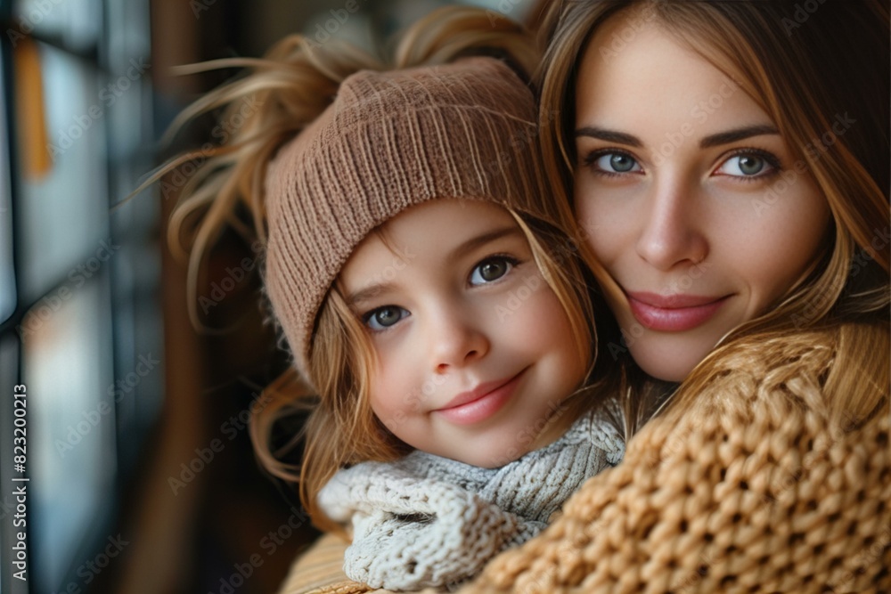 Woman child hats outdoors sunny happy smile cheerful together Woman child hats outdoors sunny happy smile cheerful together