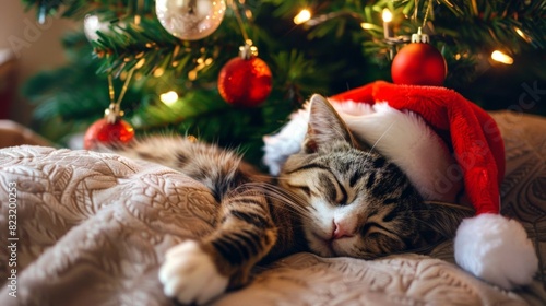 A domestic cat is curled up comfortably under a beautifully decorated Christmas tree. Horizontal banner with copy space