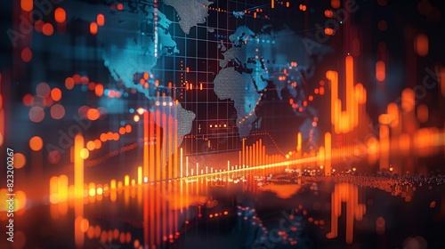 A stock market graph with a world map in a blurred background  using an orange and blue color theme  depicting digital financial charts in the style of business data visualization. Generative AI.