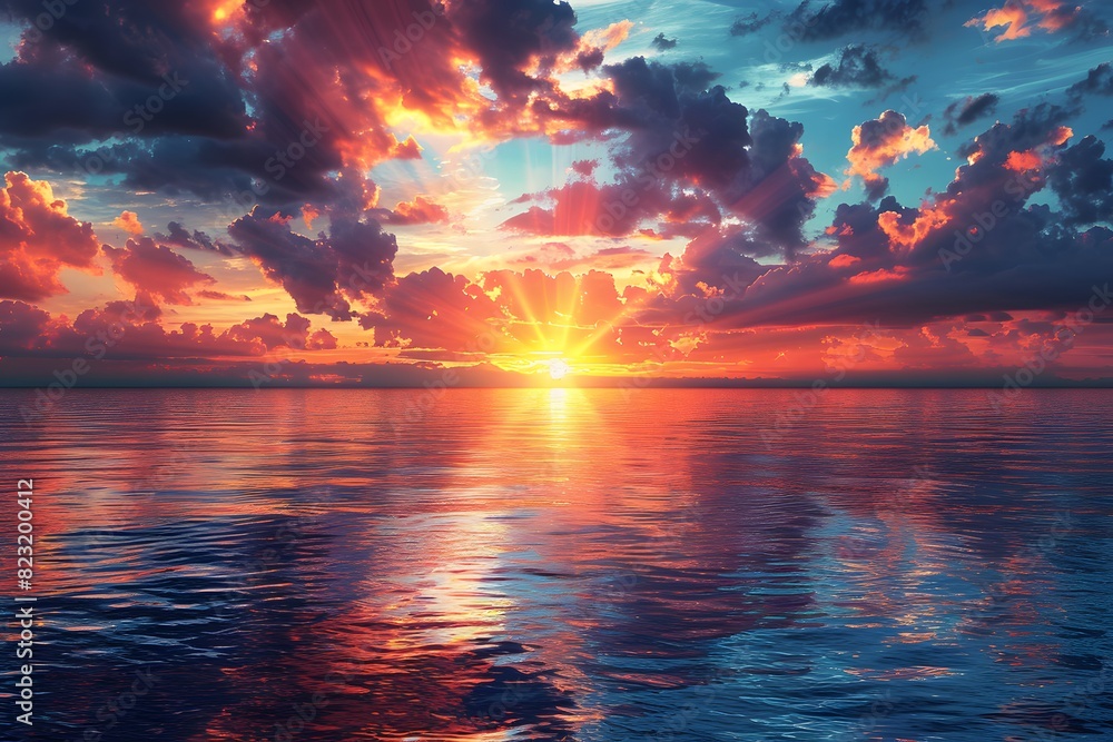 Breathtaking Sunset Reflected Over Calm Ocean Waters - Perfect for Inspirational Designs or Travel Brochures