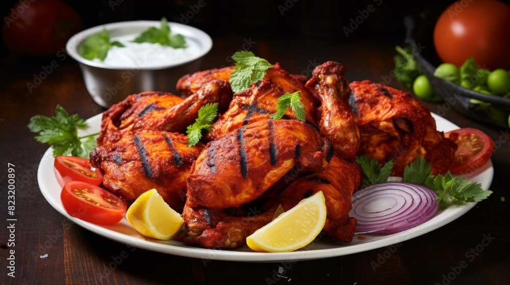 Delicious tandoori chicken served on a plate Delicious tandoori chicken served on a plate