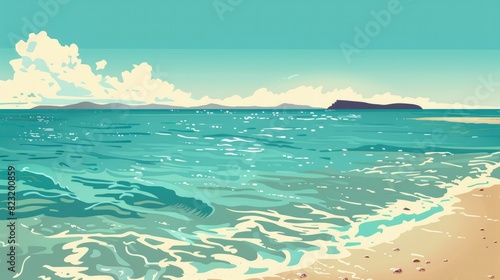 A Beach With Turquoise Water And A Small Island Visible In The Distance, Cartoon ,Flat color